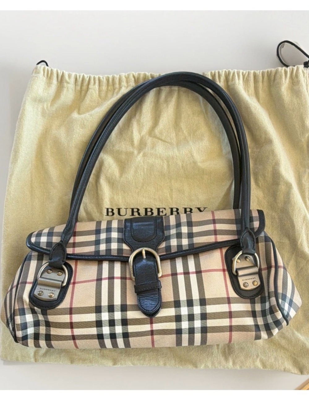 Vintage Burberry Nova Check Plaid Medium Top Handle Bag Baguette with Dust Bag